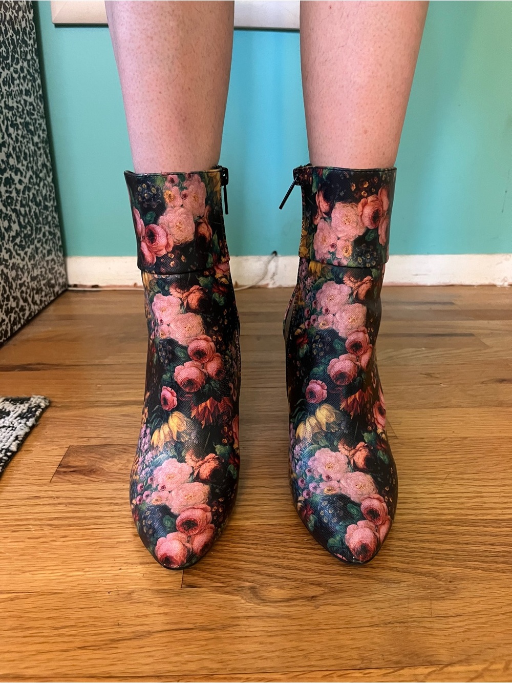 Impo Floral Print Ankle Boots - Black with Pink and Green Flowers